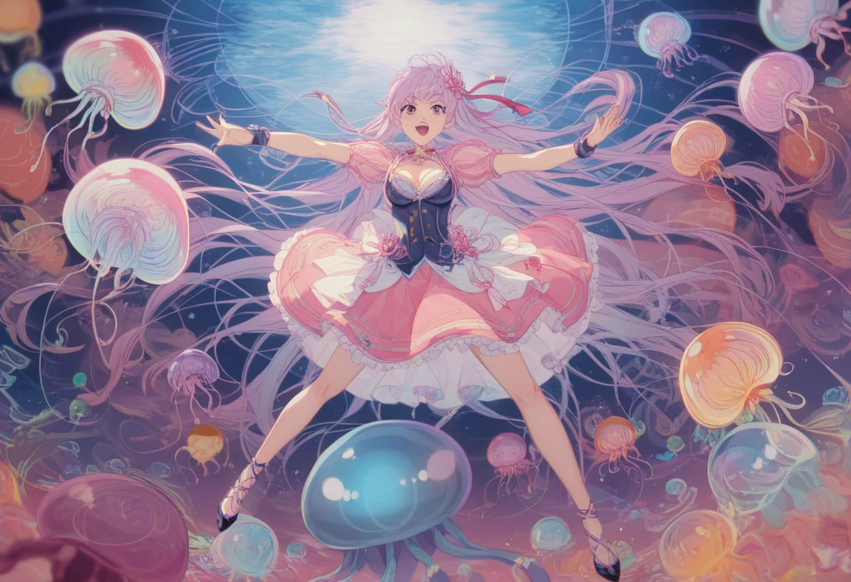 a woman standing in a tunnel of pink balls, zbrush central contest winner, pop surrealism, slime and tentacles, film render, from alice in wonderland, [[fantasy]]

