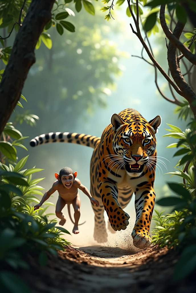 para um livro infantil, em uma clareira na floresta, Cheerful children playing cheerful and smiling with jaguars in the forest