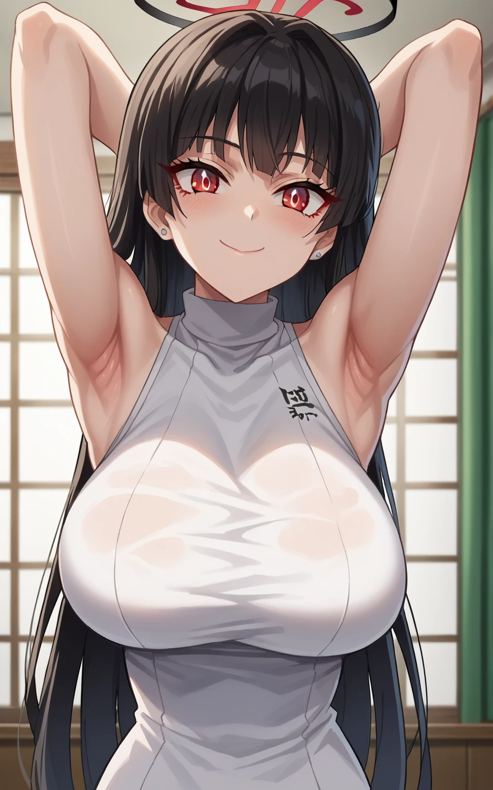 score_9, score_8_up, score_7_up, source_anime, anime screencap, 1girl, solo, Rio tsukatsuki, black hair, red eyes, large breasts, long hair, black halo, arms behind head, armpits, looking at viewer, head towards viewer, smile, badhandv4, closed mouth, indoors, mitsuri kanroji outfit, sleeveless