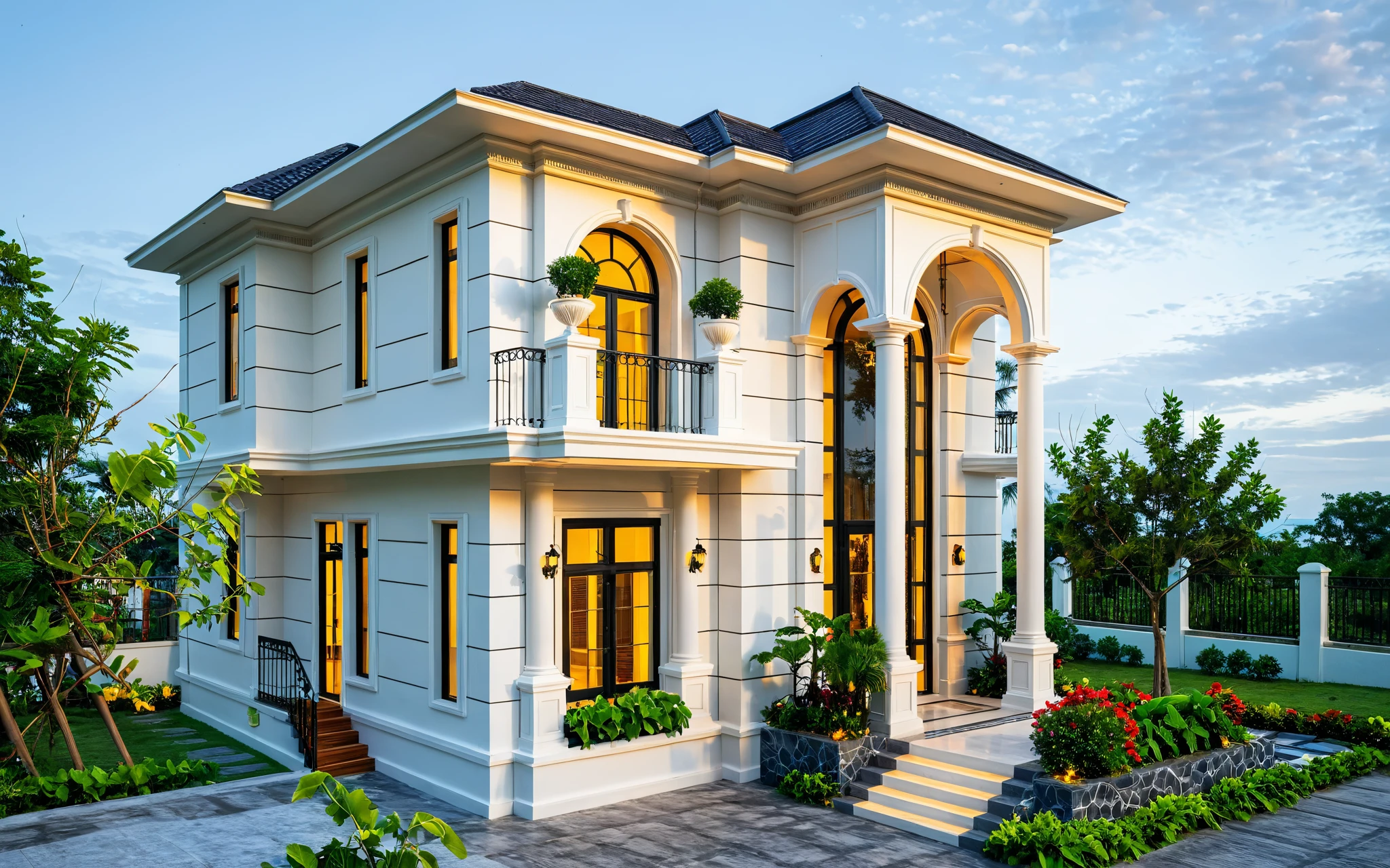 neo classical villa on street, (sunset), tropical tree, vivid colour, streetcapes, black detail, white wall, large glass door, warm interior lighting, wood and marble, best quality,