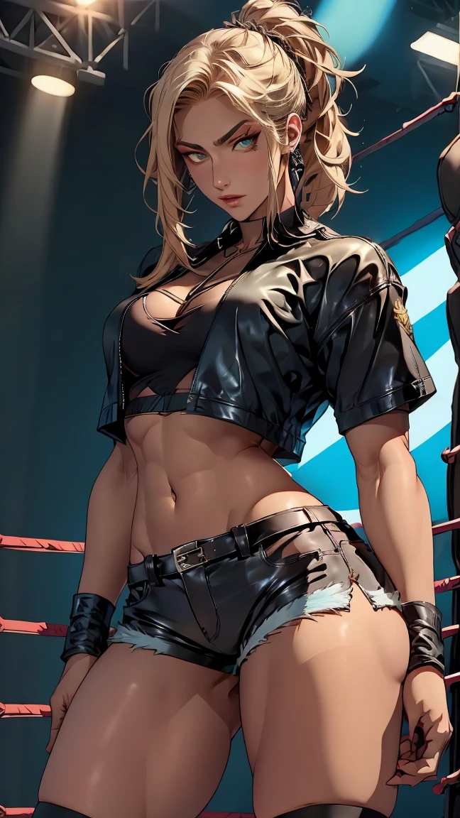 best quality, high resolution, and 18, 1 female, 20 years old, Robot 18, Android18DB, Solitary, Blonde Hair, blue eyes, short hair, earrings, necklace, Necklace, bracelet, Accessories, Perfect body, Perfect abdomen(((Large Breasts、Under the breast垂、Low-cut，Cleavage，Wide hips,)), perfect round ass, Tight black cropped top (Under the breast), Dark blue skirt, cleveage, The abdomen is visible, skirt, high socks, Attractive appearance, Sexy pose, Blurred background, (movie lighting), (8K), (masterpiece), (weather: windy), ((Reality))