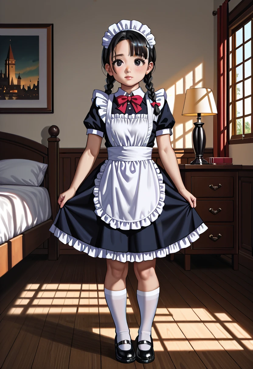 (1girl:1.3), Masterpiece, Best quality, amazing beauty, 4K, absurdres, finely detail, super detailed eye, perfect anatomy, official art, cinematic lighting, BREAK, ((((Bright bedroom)))), Twin braids (shorter), (black hair:1.5), ((super shiny detailed black eye)), cute eyes, facing this way, full lips, Plump face, (((round face))), (((young face:1.5))), BREAK , A-cup breasts, short stature, (((:1.5))), ((Young body)), Are standing, (((full body))), BREAK , (Maid outfit costume:1.2), BREAK,()