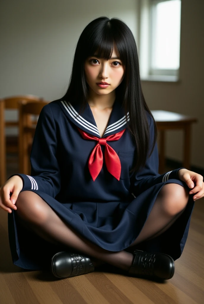 A woman in a high school uniform sits with her legs spread and lifts her skirt , wearing Pantyhose and Lofer, It's live-action,