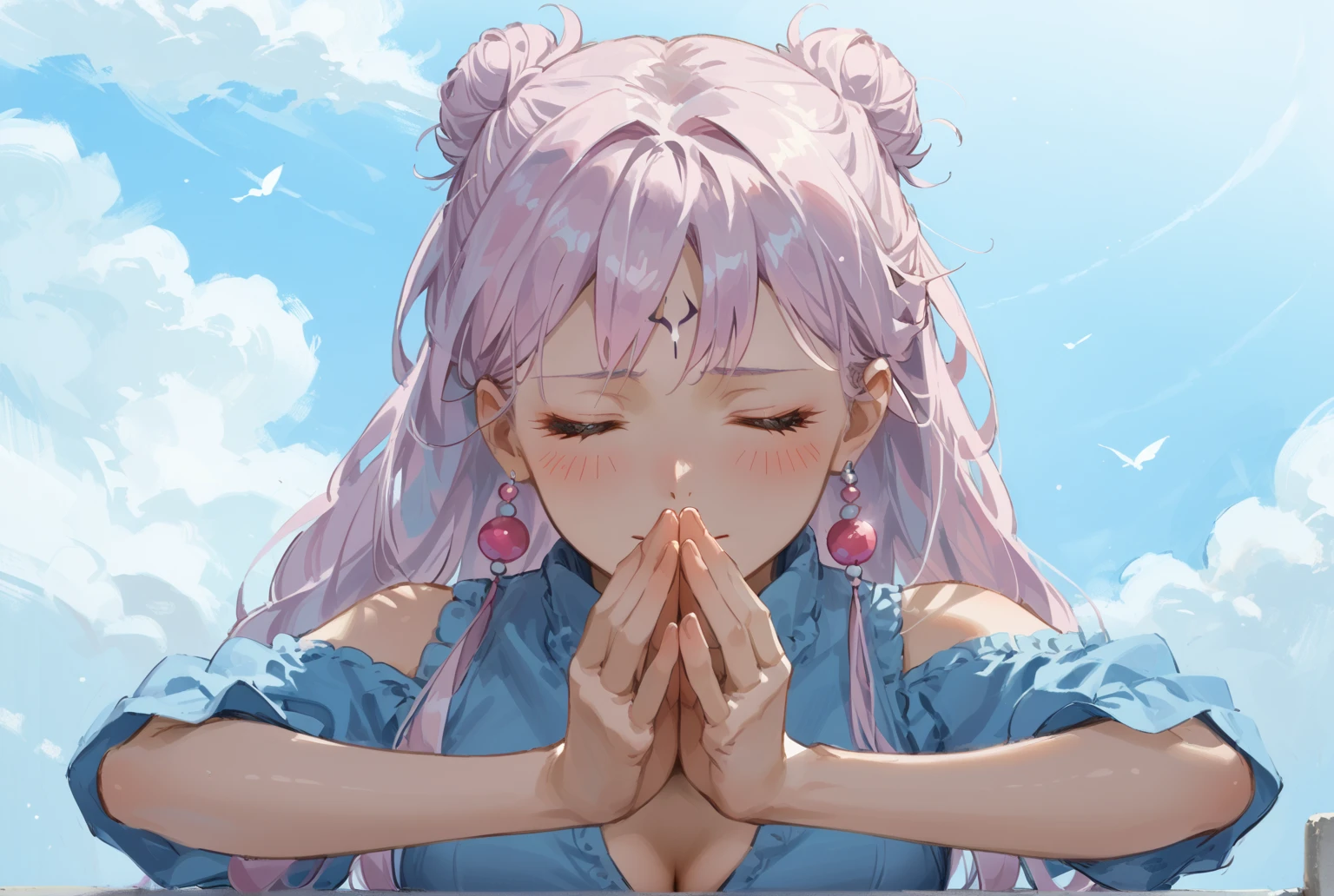 female ryomen sukuna, sukuna tatoo on forehead, closed eyes, doing prayer, hands join, cute girl, fit girl, attractive pure white hair, long pink hair, attractive sparkling eyes, score_9, score_8_up, score_7_up, source_anime, masterpiece, best quality, praying, in the middle of the night, blush, embarrassed, motion lines, closed eyes