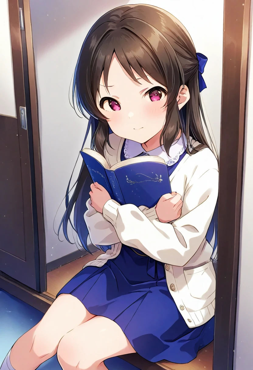  shot from the ground holding a board with both hands　 from the front　 girl's room　Cute room　床にsit　sit　 gym sitting 　own hugging feet　膝を立ててsit　Look away　One person　 girl　light blue long sleeve dress　 white cardigan 　 underwear　Pink Stripes々Panties　 reading a book　smile　1，Tachibana Arisu 　Deresute　Deremasu　 masterpieces at the front door of the house , Super high resolution,　  Beautiful Legs　Beautiful upper body 　Beautiful lower body　　 Two perfect legs　完璧の五本指 beautiful eyes detailed eyes detailed face