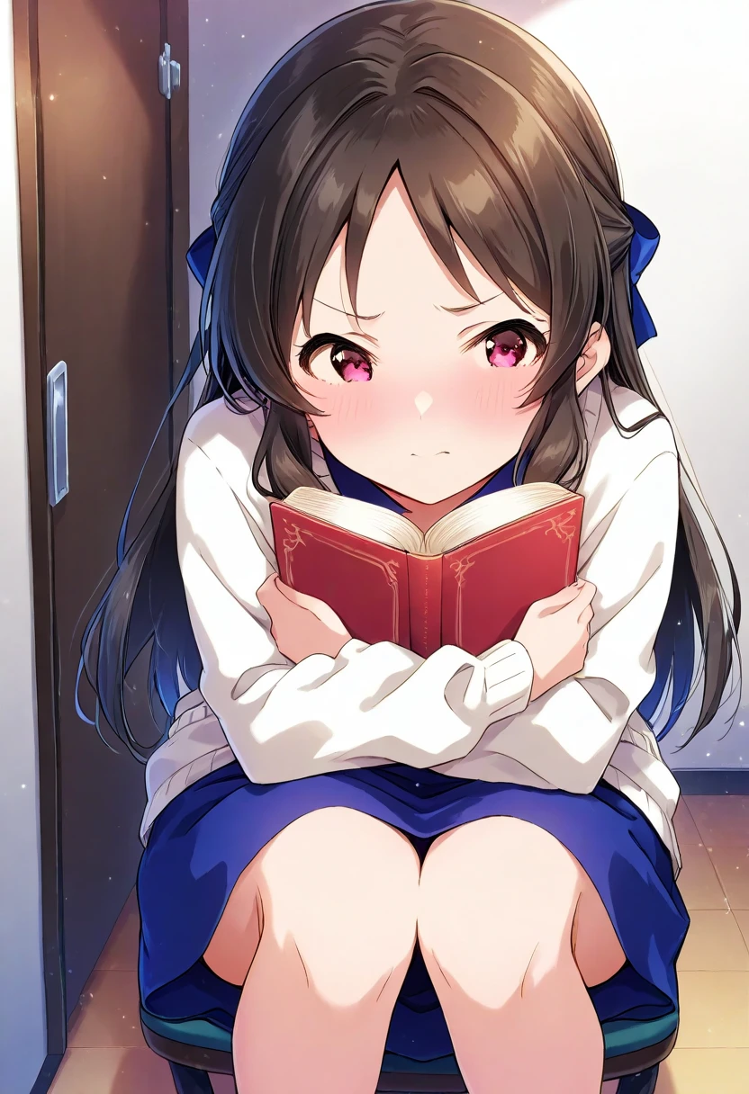  shot from the ground holding a board with both hands　 from the front　 girl's room　Cute room　床にsit　sit　 gym sitting 　own hugging feet　膝を立ててsit　Look away　One person　 girl　light blue long sleeve dress　 white cardigan 　 underwear　Pink Stripes々Panties　 reading a book　smile　1，Tachibana Arisu 　Deresute　Deremasu　 masterpieces at the front door of the house , Super high resolution,　  Beautiful Legs　Beautiful upper body 　Beautiful lower body　　 Two perfect legs　完璧の五本指 beautiful eyes detailed eyes detailed face