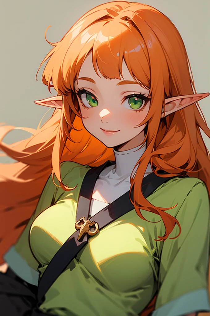 1girl, Solo,Accurate, Long Hair, Bangs, Orange hair,Breasts, elf ears, Smile,, green eyes,Simple background,  Anime, Anime Style, Artistic, 