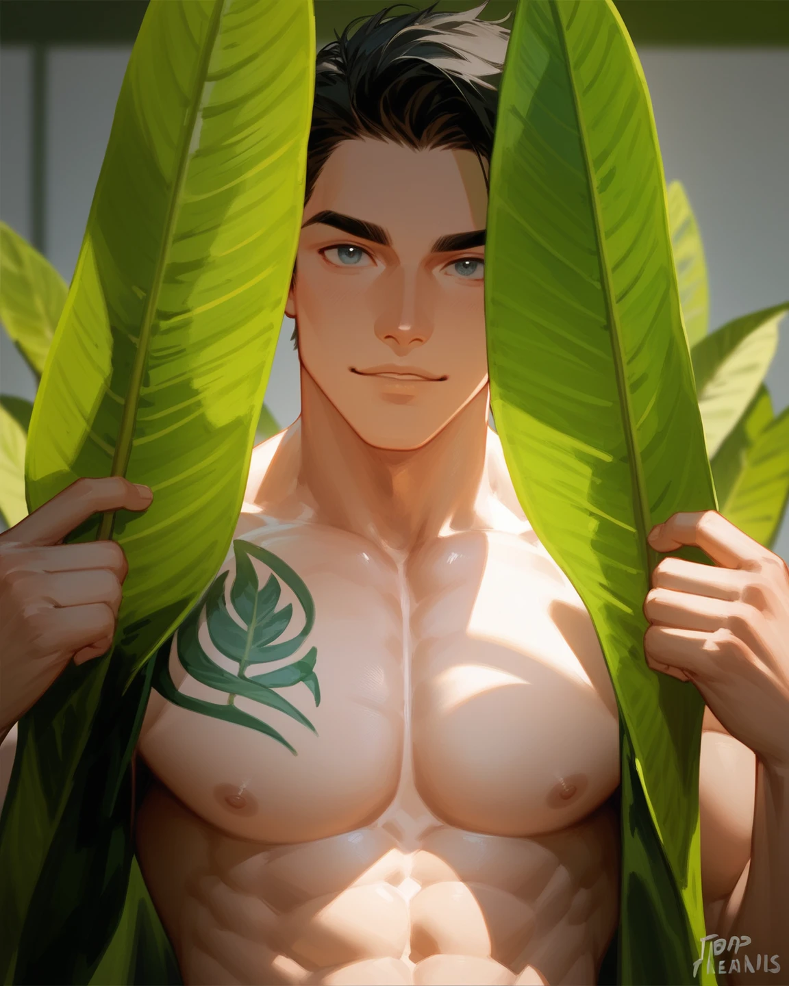 A sensual man, muscular body, chiseled facial features, intense gaze, perfect skin, mesmerizing eyes, lush lips, elegant pose, natural lighting, cinematic composition, dramatic shadows, high contrast, striking colors, sophisticated aesthetic, oil painting, hyperrealistic, award-winning digital art