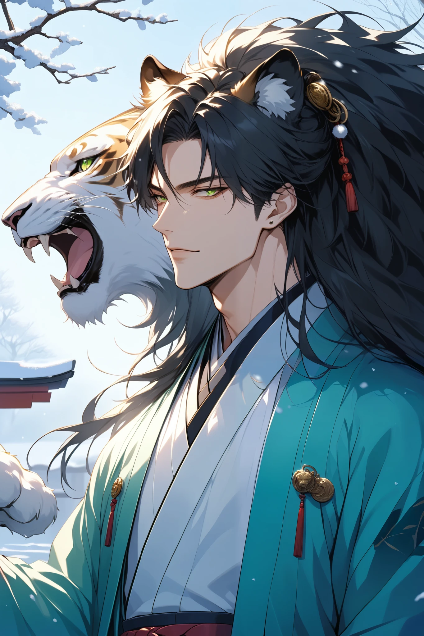 (masterpiece), ( ultra detail), ( top quality ), ( clear focus), ( dramatic scene ), ( like a movie ), shadow, Alone, 1 male, 20 Talented Men , handsome, cheerful, Black, A cool, confident face, Perfect Anatomy, perfect face, ( detailed face ), ( detailed eyes), lion has ears and tail, long black hair , Green slender eyes , tall and thin ,Arms on hips, Haori and hakama, half body, in the morning when it snows , Japanese Garden