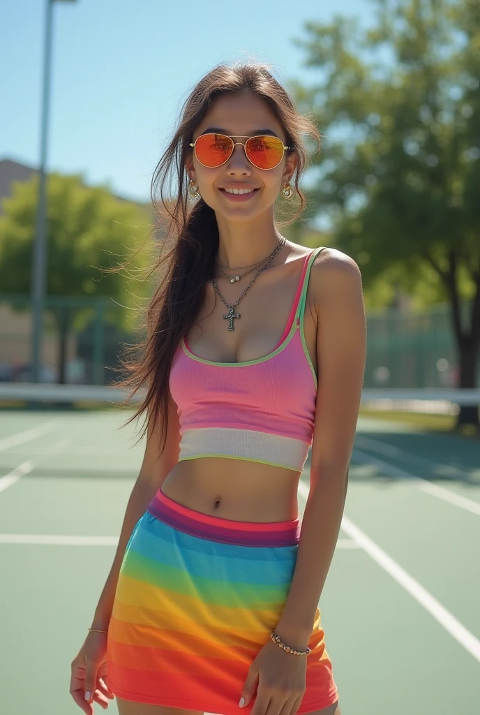 beautiful latina female teen, beautiful face, athletic body, long hair, smiling, wearing pink silk crop top, wearing pink silk skirt, wearing pink sunglasses, wearing white stockings, sitting, in a busy park