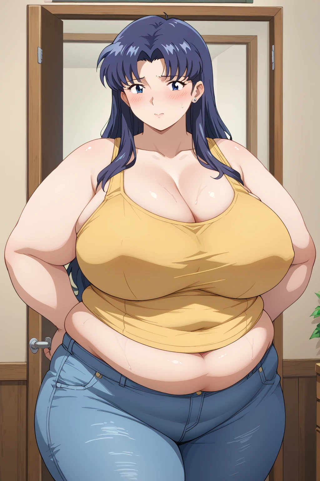 misato katsuragi, long hair,紺色の髪,Dark blue eyes, yellow tank top,blue short denim pants,Obese middle-aged woman, troubled expression, embarrassing expression ,milf, chubby,living, score_9,  score_8_ up、 score_7_ up、 score_6_ up、 score_5_ up、 score_4_ up、 masterpieces at the front door of the house、 top quality , A beautiful woman with an obese figure,  absurd、 Source_ anime anime screencap,  one woman、Alone、 personal  、Super huge breasts,  super huge clevis、Super huge, Super huge boob,Curvy、 wide hips、