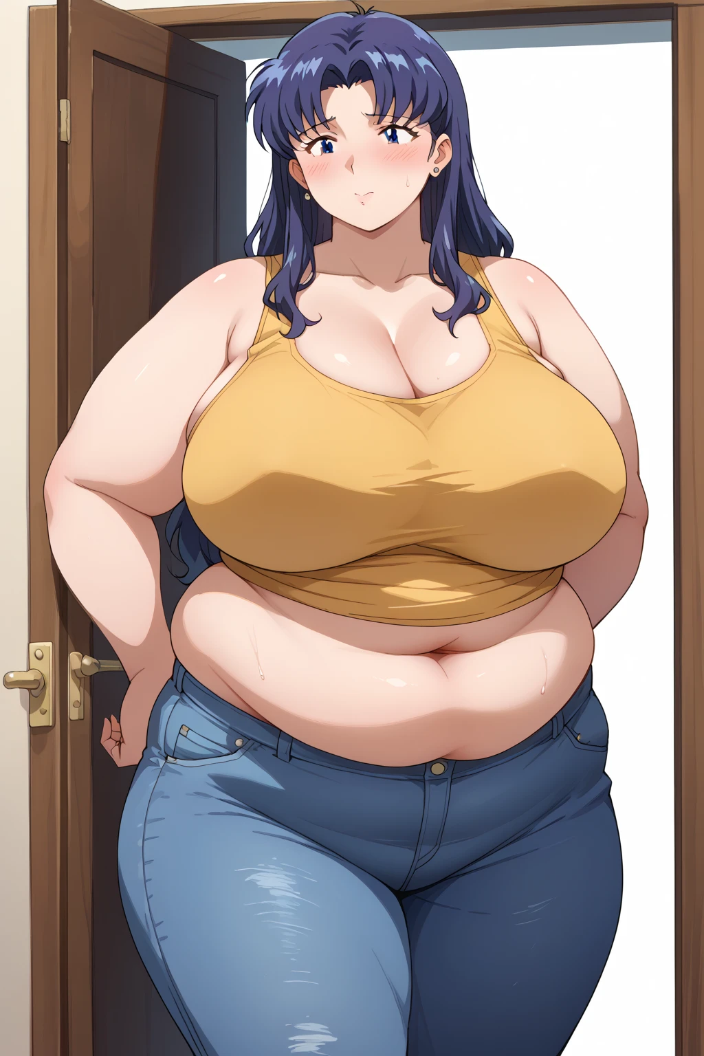 misato katsuragi, long hair,紺色の髪,Dark blue eyes, yellow tank top,blue short denim pants,Obese middle-aged woman, troubled expression, embarrassing expression ,milf, chubby,living, score_9,  score_8_ up、 score_7_ up、 score_6_ up、 score_5_ up、 score_4_ up、 masterpieces at the front door of the house、 top quality , A beautiful woman with an obese figure,  absurd、 Source_ anime anime screencap,  one woman、Alone、 personal  、Super huge breasts,  super huge clevis、Super huge, Super huge boob,Curvy、 wide hips、