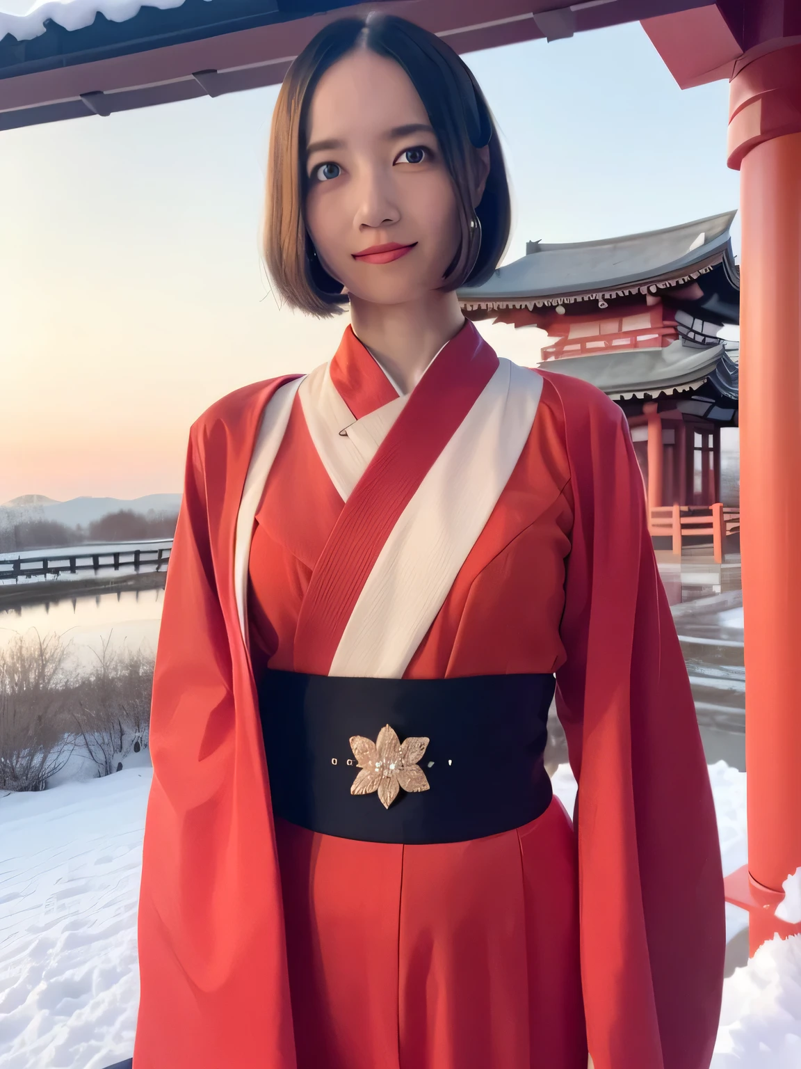 A breathtakingly beautiful 20-year-old woman with a slender physique, dressed in an elegant black and red kimono suitable for the Japanese New Year. She stands against the serene backdrop of a New Year's sunrise, featuring a traditional Japanese shrine, snow-covered grounds, and vibrant red camellias in bloom. Her gentle smile and friendly expression harmonize with the peaceful atmosphere of the snowy morning. (RAW photo, top quality, realistic, photo-realistic:1.4), (masterpiece, extremely detailed, 2k wallpaper), (Ultra Details, high res, soft light, cinematic lighting), (perfect anatomy, slender body), (extremely detailed eyes and face, beautiful nose, beautiful eyes). 