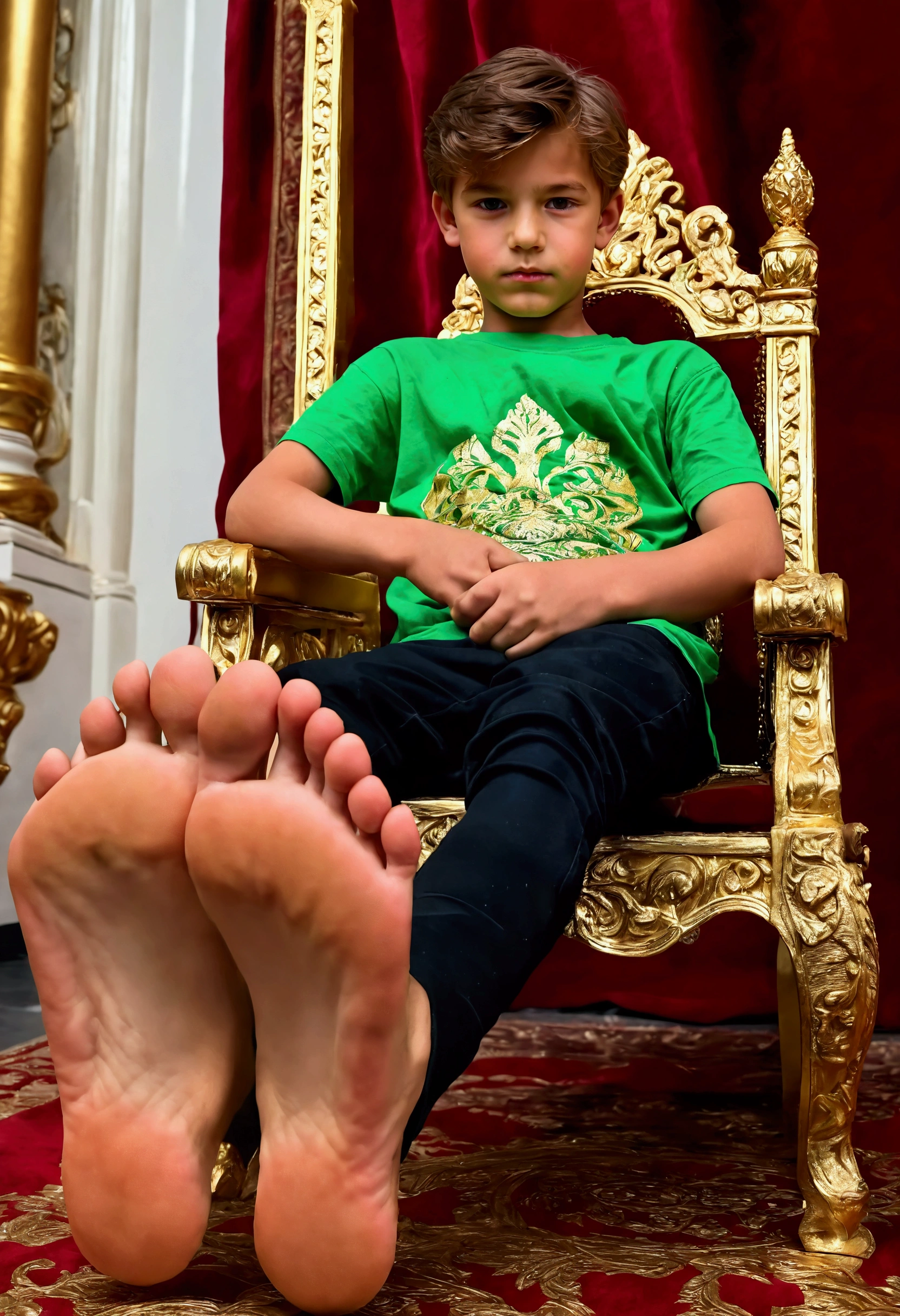 A boy prince on a throne, beautiful detailed feet soles, highly intricate ornate throne, elaborate golden decorations, regal elegant pose, (best quality,4k,8k,highres,masterpiece:1.2),ultra-detailed,(realistic,photorealistic,photo-realistic:1.37),HDR,UHD,studio lighting,extreme detail description,professional,vivid colors,portrait,fantasy,cinematic lighting With an An  boy in armor without a helmet showing the soles of his beautiful feet boy wearing a green T-shirt, a Black Pants, With short Hair Showing The soles Of his feet while sitting