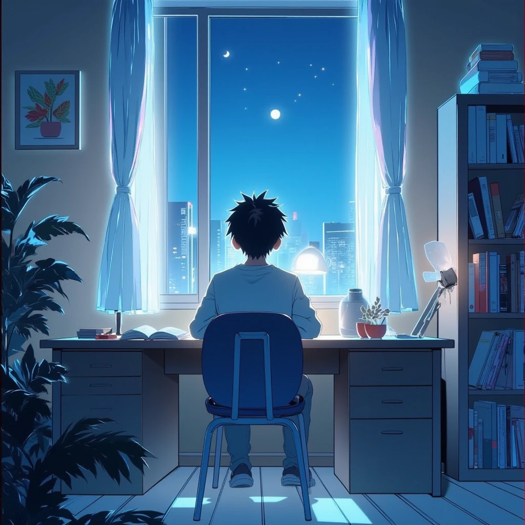 Draw an anime in retro anime style , a simple art of a desk with books, a cup of coffee, a boy seating on chair all organized , moonlight, beautiful sky, Beautiful color palette, Lofi ,soft tone , Blue tone ,Lo-fi Vibes , Focus on the city outside the window, brightly lit.