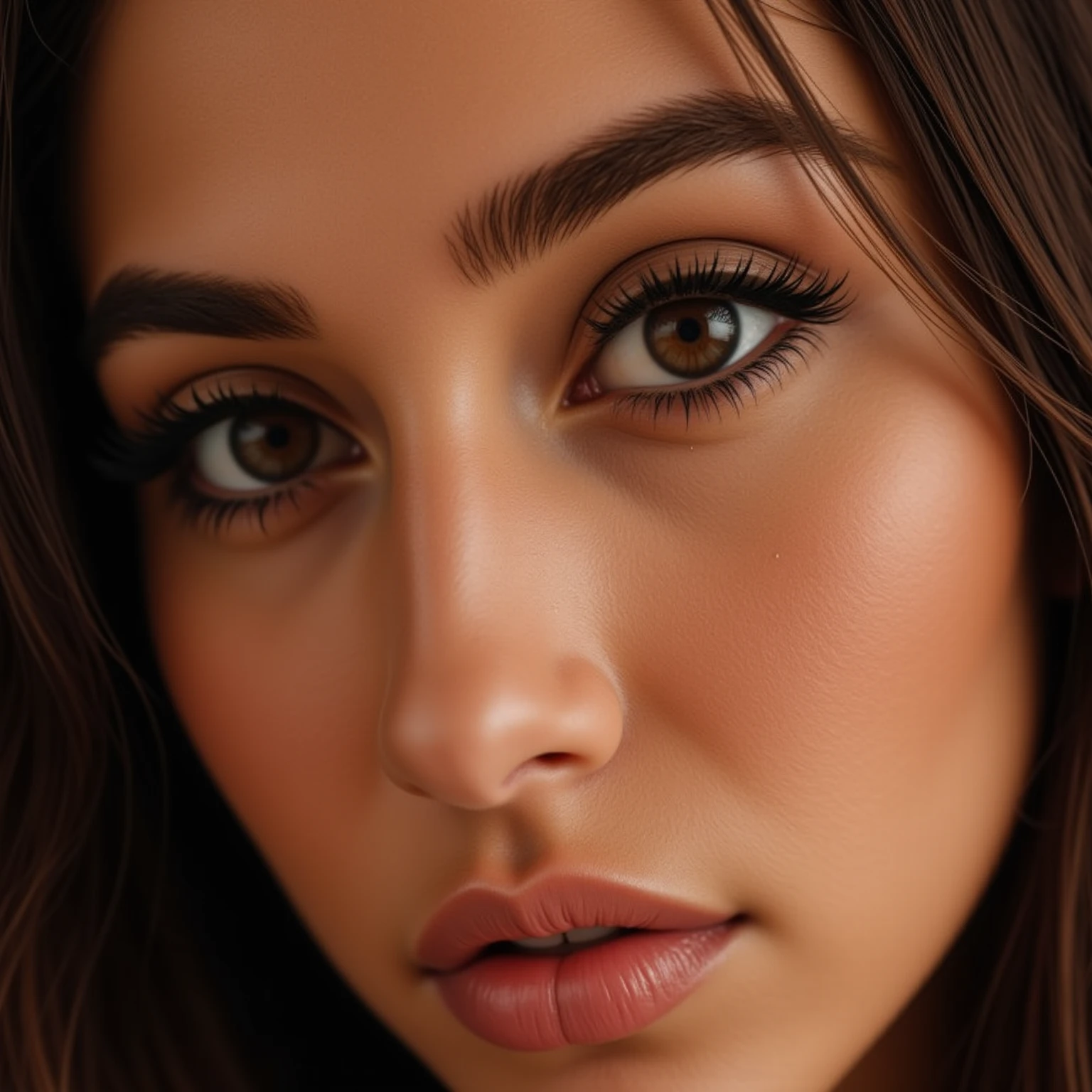 A close portrait of a woman, focusing on her eyes.  tanned, dark eyes, brown hair,, realistic, 4K, ultra detailed photography, sharp image,