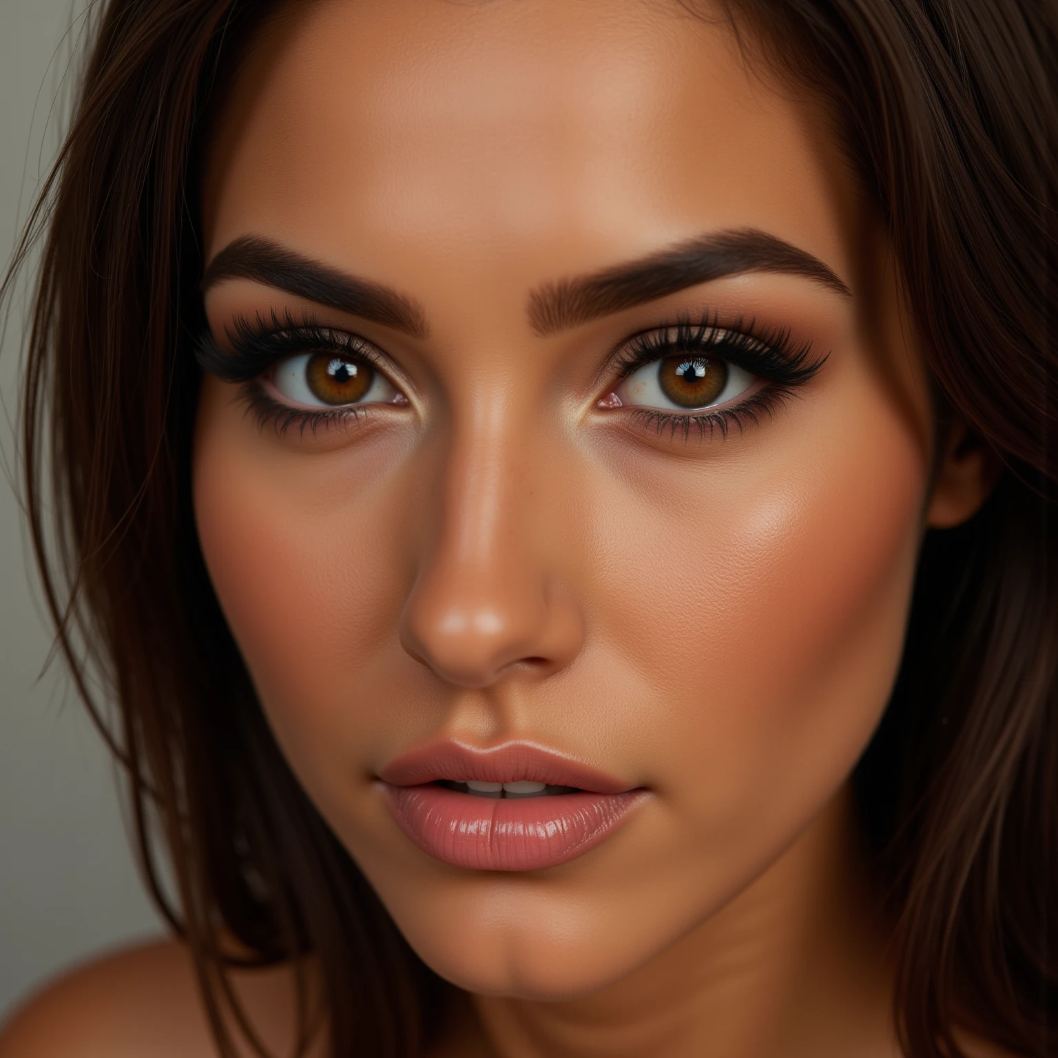 A close portrait of a woman, focusing on her eyes.  tanned, dark eyes, brown hair,, realistic, 4K, ultra detailed photography, sharp image,