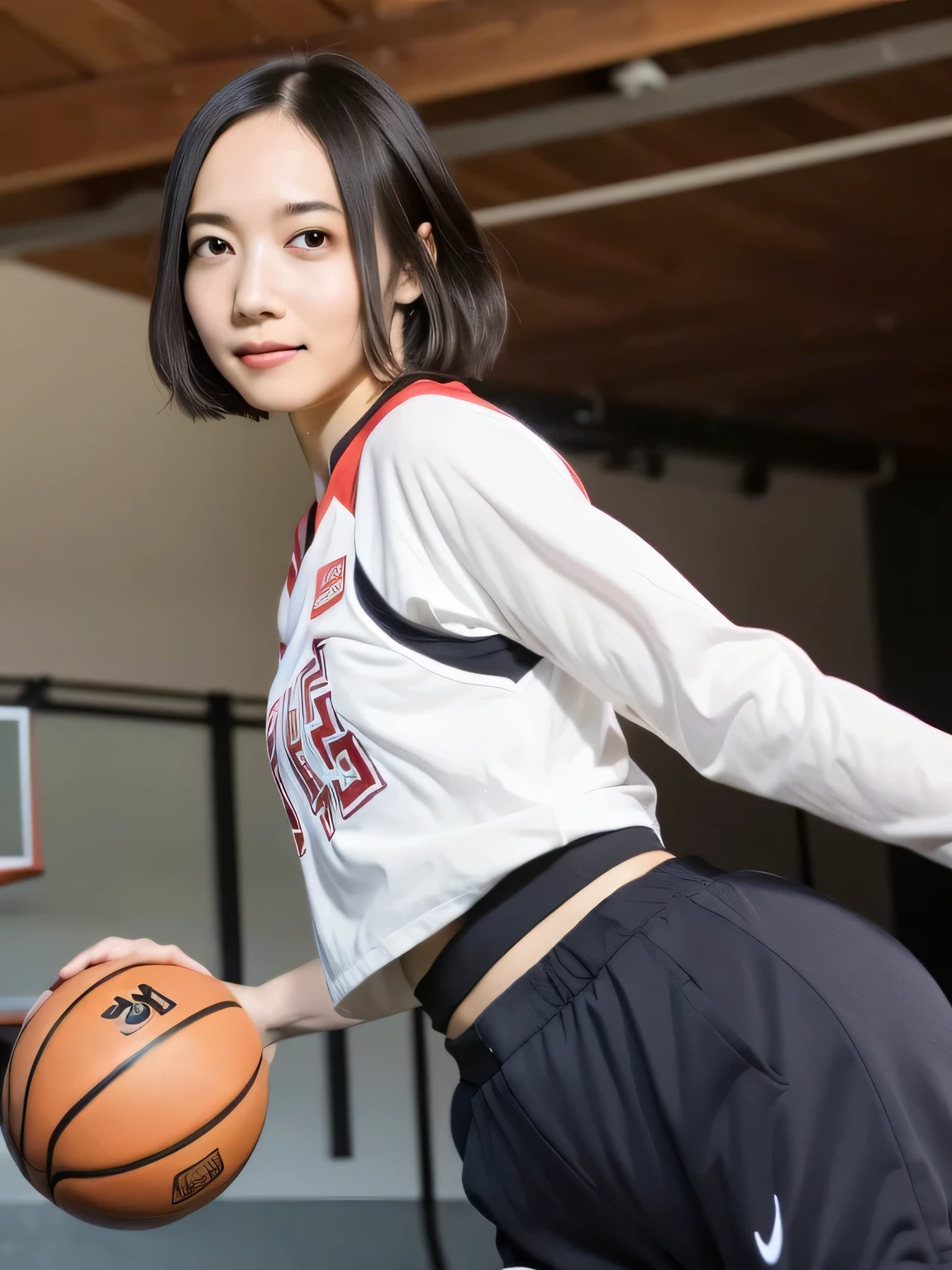 A young female basketball player executing a dynamic jump shot with precision and grace. The basketball is held firmly in both hands as she aims for the hoop, her form exuding confidence and mastery. Her slim-fit basketball uniform highlights her athletic build, while black high socks and matching sneakers provide a sleek and modern look. Her neatly braided black hair arcs through the air as she leaps, with her intense black eyes fixed firmly on the goal. The polished wooden floor of the brightly lit gymnasium reflects the action, emphasizing the energy, elegance, and competitive spirit of the moment. smiles gently, FRIENDLY. ( RAW photos , top quality ), ( realistic , photo- realistic :1.4), masterpiece, extremely delicate and beautiful, extremely detailed, 2k wallpaper, amazing on the beach, Detailed description, extremely detailed CG unity 8k wallpaper, ULTRA DETAIL, high res, Soft light, beautiful detailed girl looking back, extremely detailed eyes and face, beautiful detailed nose, beautiful detailed eyes, cinematic lighting, Perfect Anatomy, slender body.