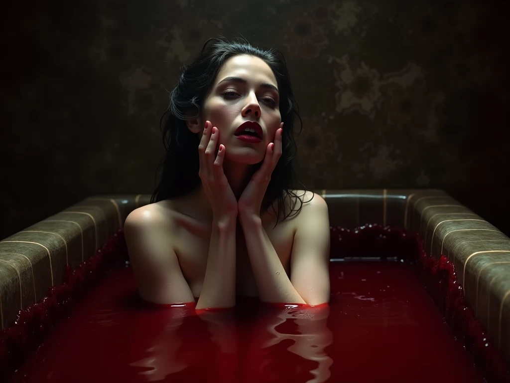 vampire queen submerged in pool of blood, cleavage, hourglass figure, red lipstick, black bobcut hair