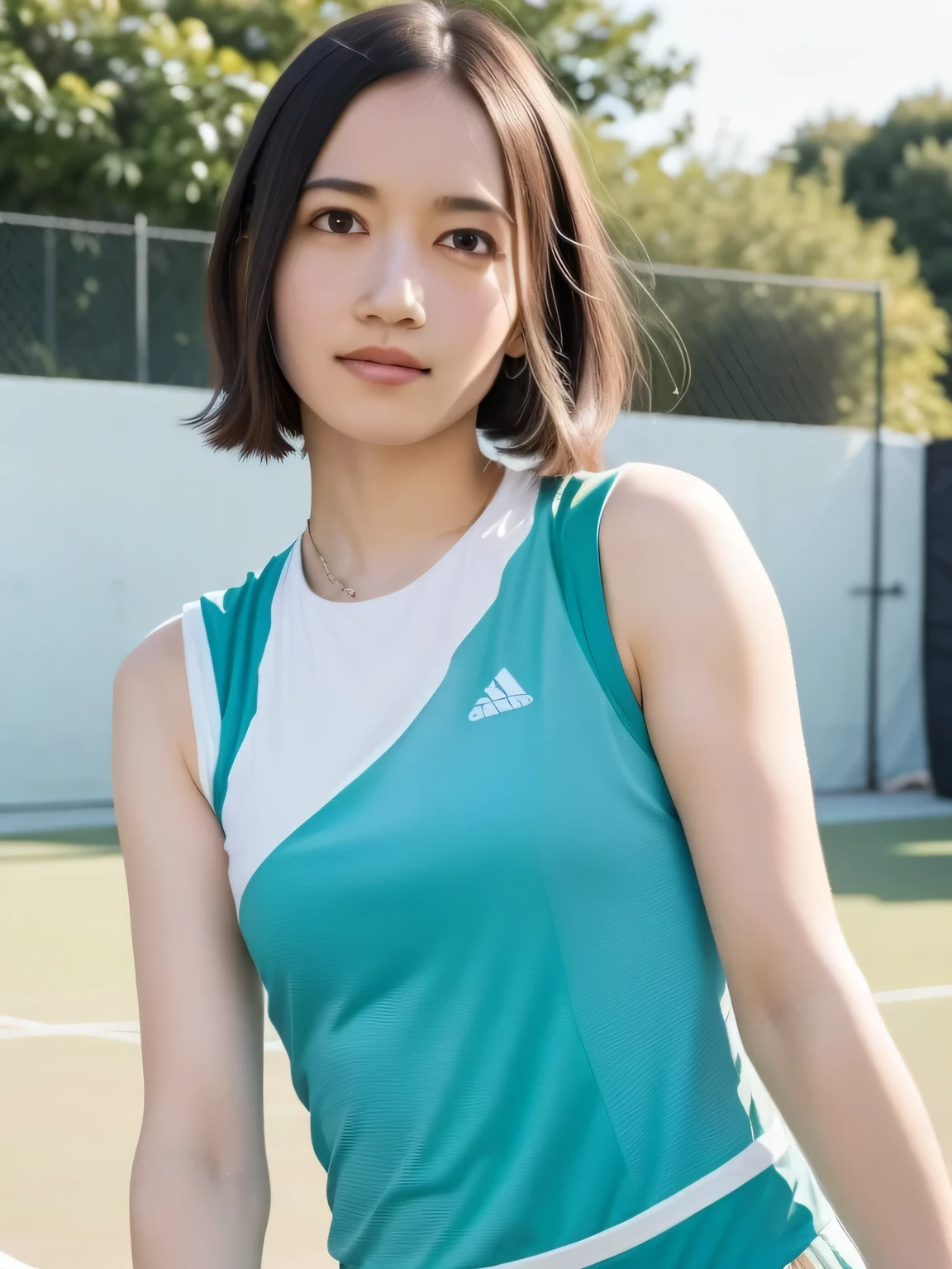 A young female tennis player dressed in a sleek blue tennis outfit stands ready, with her white undergarments visible. gripping her tennis racket with both hands in a poised and focused stance. The sunlight highlights the crisp lines of her attire and the polished strings of the racket. Her determined gaze locks onto an unseen opponent, exuding confidence and anticipation. The lush green grass of the tennis court extends into the distance, framed by a clear blue sky. This dynamic scene captures the perfect blend of elegance, power, and athletic prowess, showcasing her readiness to strike with precision and grace. smiles gently, FRIENDLY. ( RAW photos , top quality ), ( realistic , photo- realistic :1.4), masterpiece, extremely delicate and beautiful, extremely detailed, 2k wallpaper, amazing on the beach, Detailed description, extremely detailed CG unity 8k wallpaper, ULTRA DETAIL, high res, Soft light, beautiful detailed girl looking back, extremely detailed eyes and face, beautiful detailed nose, beautiful detailed eyes, cinematic lighting, Perfect Anatomy, slender body.