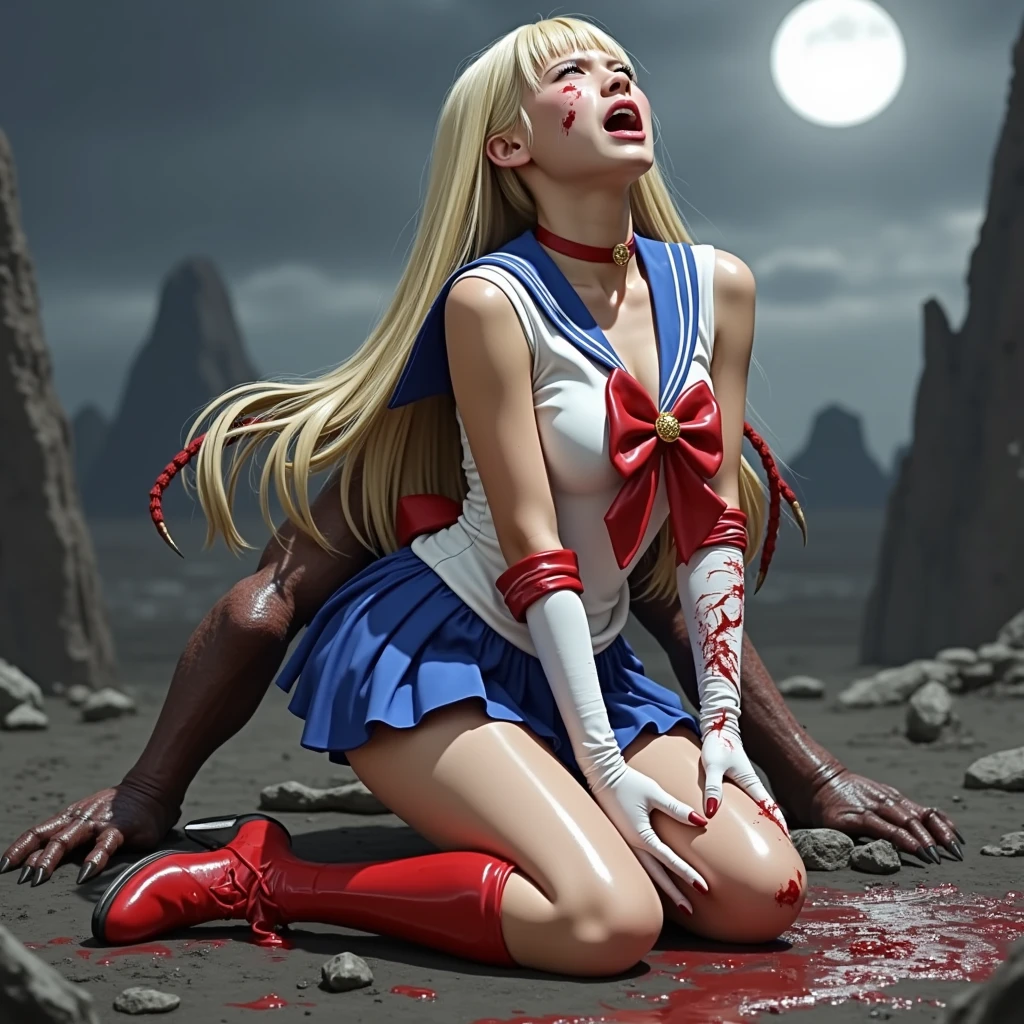 Hyperrealism, masterpiece, highest quality, A young Japanese woman is kneeling in the dirt, dirty body, eyes close, wound, injury, crying in severe pain, painful face, blood on her body, Wearing a Sailor Moon costume, Being restrained and crucifixion on the cross, Blue sailor collar, Blue mini pleated skirt, Long white gloves, shiny beige color pantyhose, red high boots, Exposed thighs, Red long boots, big choker, long blonde Hair, Bright full moon, moonlight , 1 big fierce devil is hugging and bite her neck, blood on her neck, a lot of devil slime on her face, hand in her crotch, (((realistic))), volcano background,