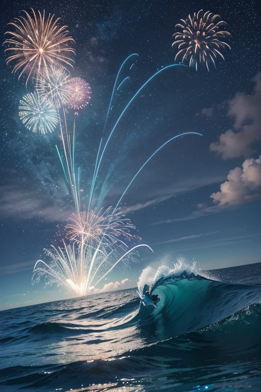 A visually captivating New Year 2025 celebration image with a blue and sky blue color theme. The background features a serene, slightly glowing sky merging into waves of oceanic blues, symbolizing hope and unity. Elegant white text reading 'Happy New Year 2025' is prominently displayed, complemented by festive elements like fireworks in soft blue tones and subtle shimmering stars. The SeaArt.ai logo is integrated seamlessly, placed at the bottom center of the image. Overall, the design exudes a sense of celebration, freshness, and togetherness, embodying the joy of the New Year.