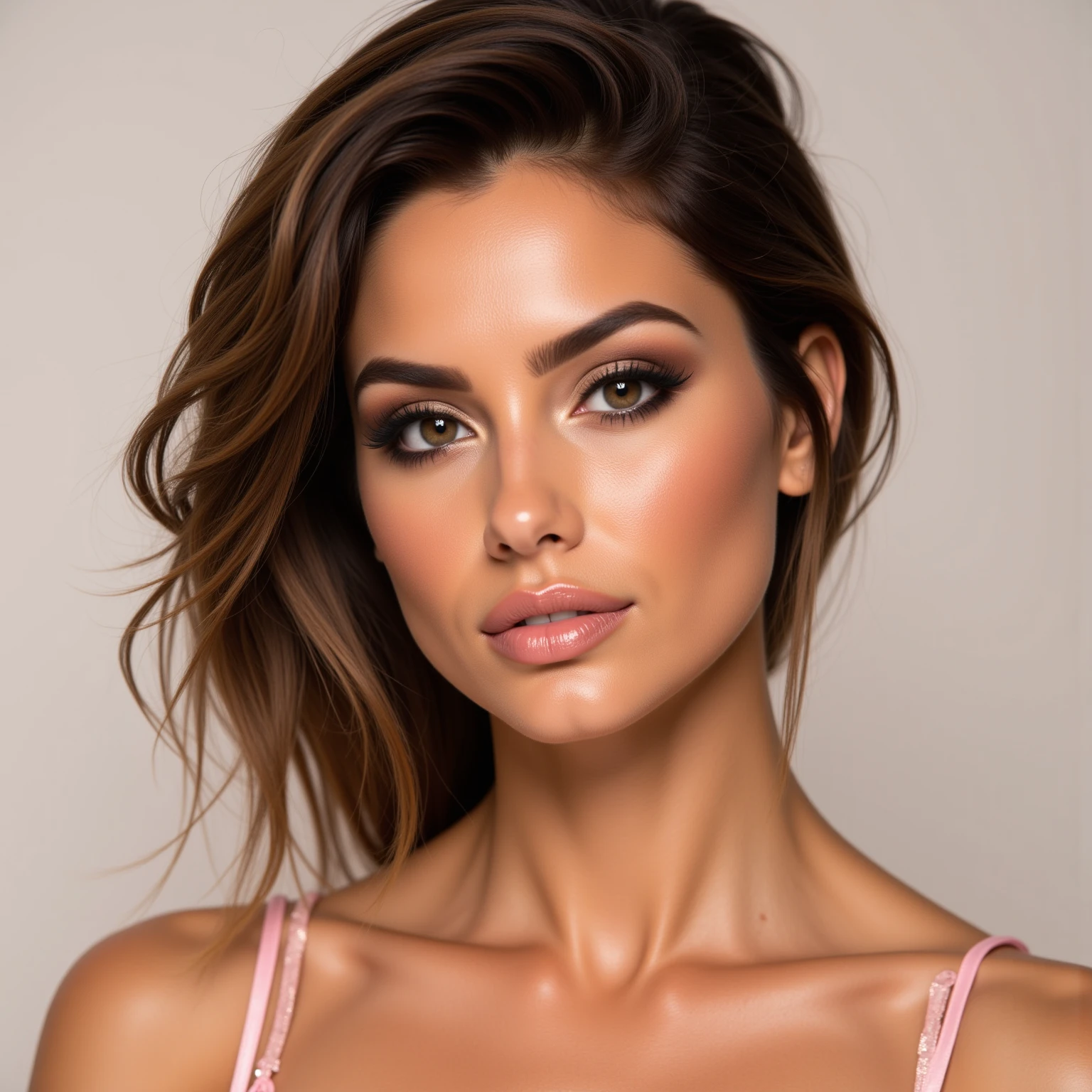 A close portrait of a woman, focusing on her eyes.  tanned, dark eyes, brown hair,, realistic, 4K, ultra detailed photography, sharp image,Full character. Silk dress with thin straps in beautiful pink. 