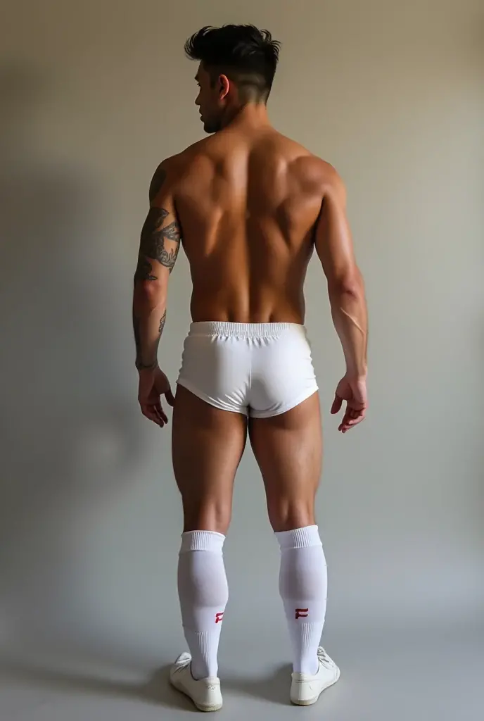 1 young man,Handsome,musculous,hairy bodies,White socks,White slim fit thong panties(Detailed eyes:1.3),Bare topless,Nudity all over,Black eyes,massive bulge,full bodyesbian,