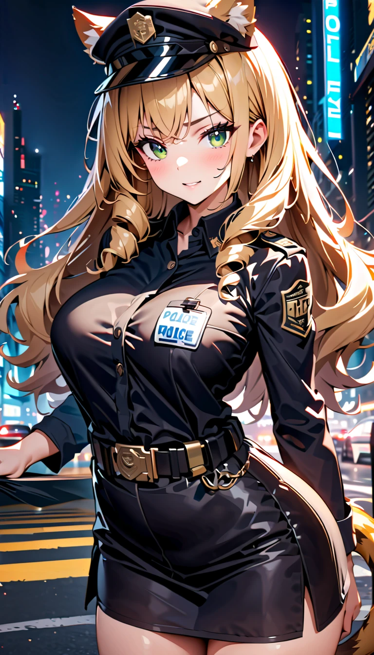 high quality, 8k, 4k, high contrast, masterpiece:1.2, best quality, best aesthetics), Sexy female police officer, Detailed face and body, (green eyes, animal ears, tiger tail), Beautiful breasts, confident look, (blonde hair, long hair, drill hair), Shiny black uniform, Black headwear, Black tight skirt, Tactical belt with equipment, Glossy Badges and Name Tags, Standing, Flashing police car lights against cityscape background, Lights of the night city