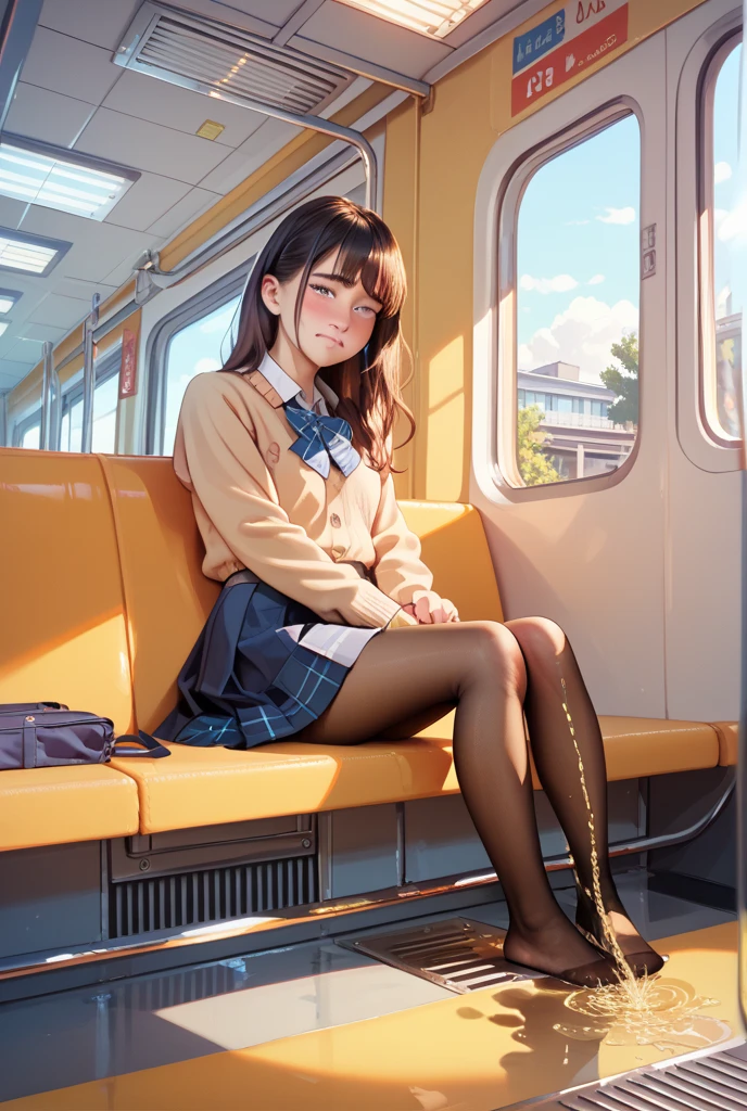 Woman sitting on train looking at mobile phone,masterpiece, Highest quality, High resolution,alone, Accurate human body、Knowledgeable person、Correct five-finger, skirt,Panty shot, Juicy legs, I can see your feet, Spread your legs, Beautiful legs, Long legs,, 細Long legs, Beautiful face with arms and legs, Full Leg