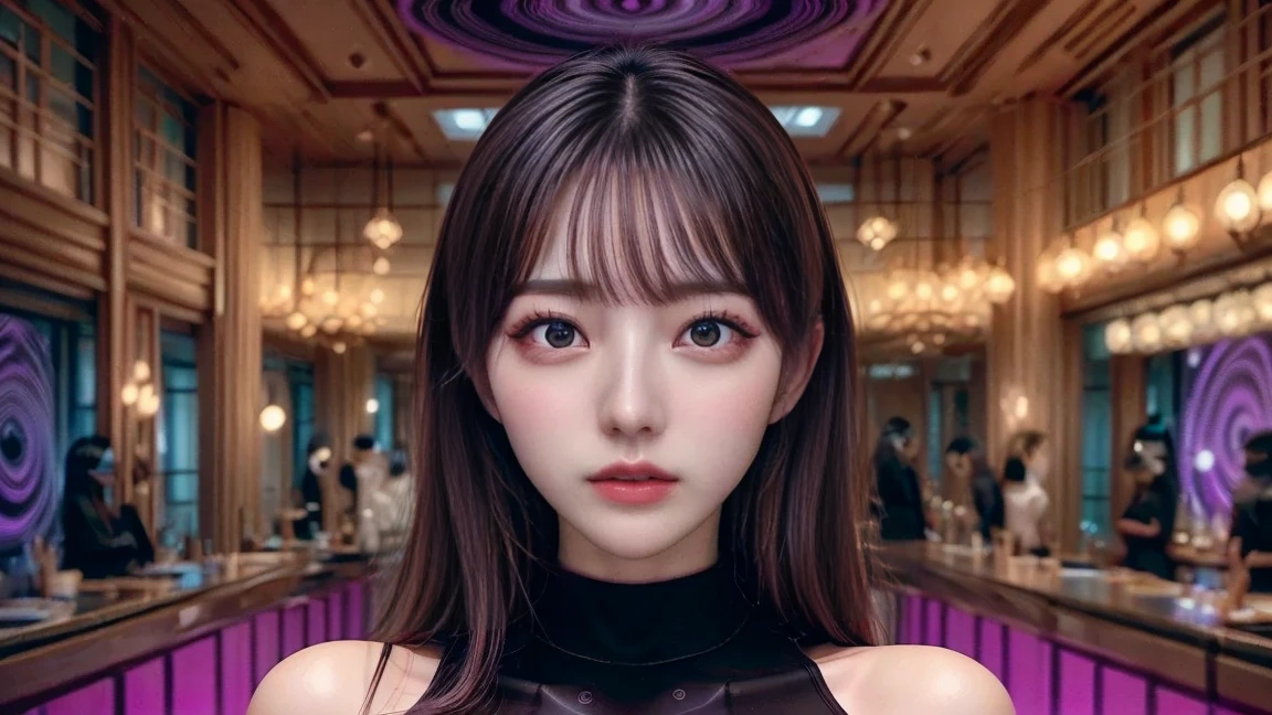 Close up shot of a face 、((( Three Women )))、手を見せびらかす、Show off your hands 、 big eyes、Big eyes、 big tear bag 、 eyes staring at viewers、(Wear a black costume mask、black medical cloth mask 、black medical cloth mask )、(( hypnotic background 、 hypnotic twirl background 、 purple pink and black swirl background 、 hypnotic and surreal psychedelic swirl background showing off your hands、 purple and black swirl background  ))
