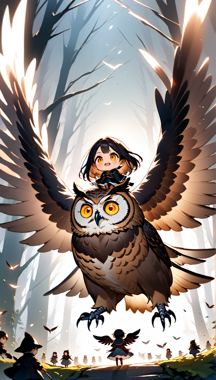  A girl is riding a giant owl , Hzk,    Ultra Miniature Girl   , Spread your wings