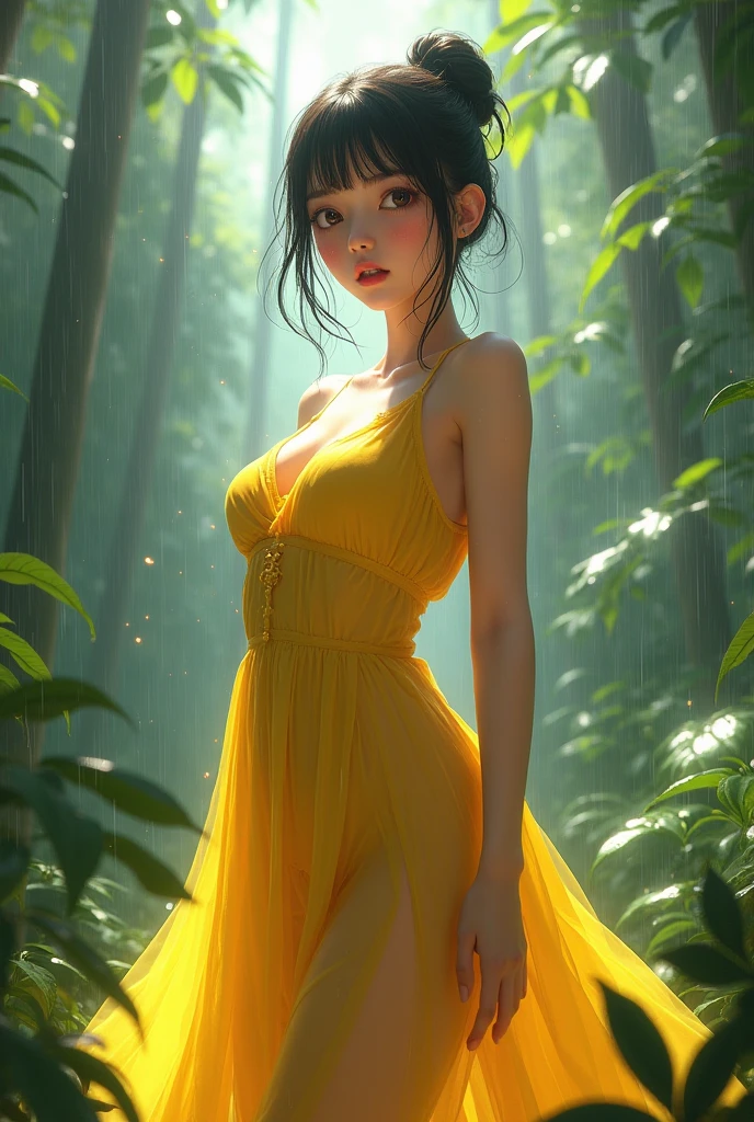 (1girl:1.3), (view the viewer:1.4), supermodel, woman with detailed blonde hair, , 1 girl, 14 years, japanese girl, in a  yellow summer dress, standing in a bamboo forest peeking from behind the bamboo at the viewer, closeup fantasy , , rouge lipstick, wet dripping hair,HUGE BREASTS AND CAN SEE DETAILED CLEAVAGE,, DETAILED ABS,ABS,ABS, HAS A VERY CUTE SMILE