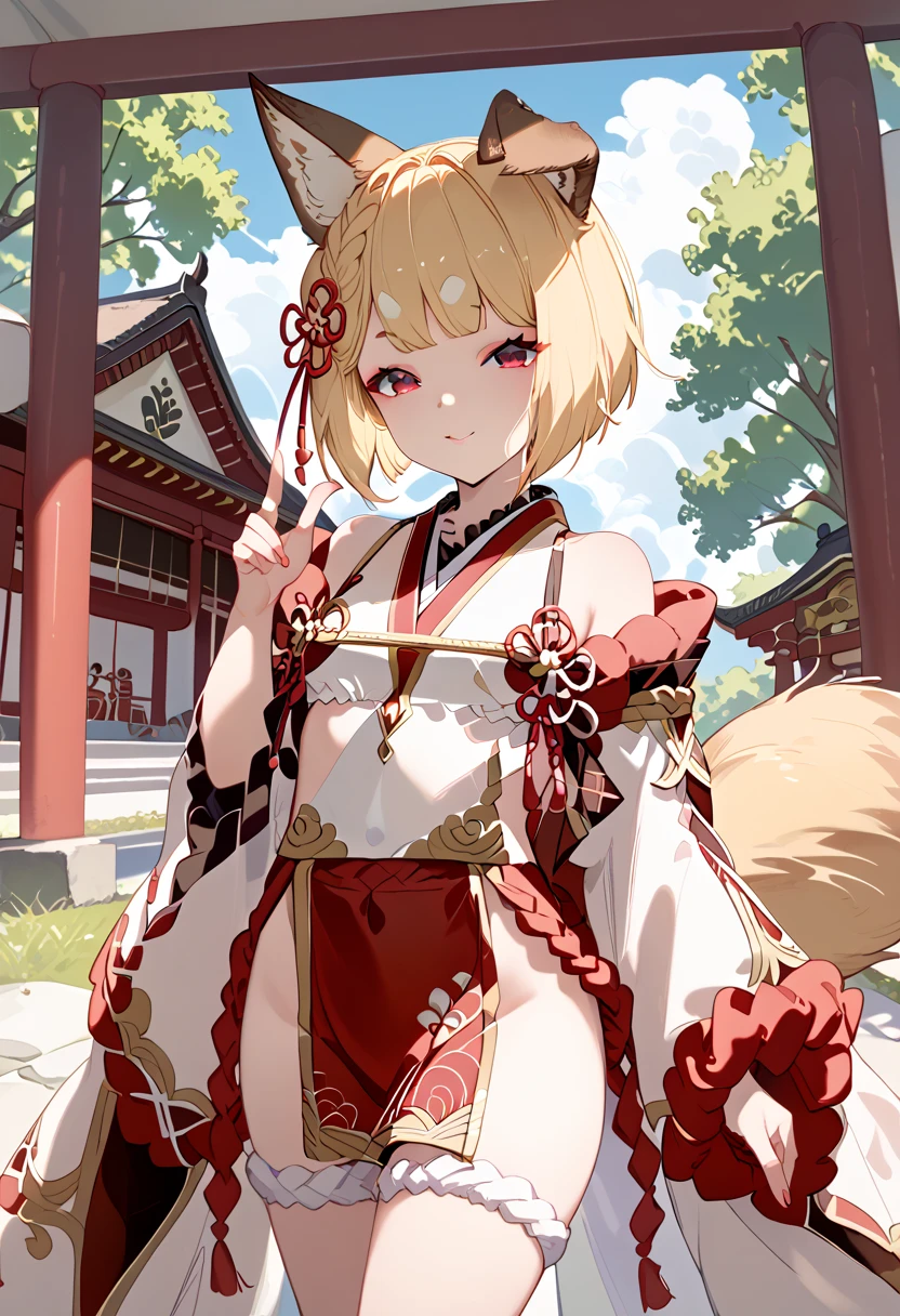  best quality images 、Extremely small bust 、 very young girl 、 slender body、 Bright Yellow Hair 、 short bob 、 Fox Ears and Tail、 red eyes、 is standing、Shrine Maiden Costume、Red eyeshadow  、Cute single tusk、whole body、 slender body、Slender legs、shrine、 Light Shines In 