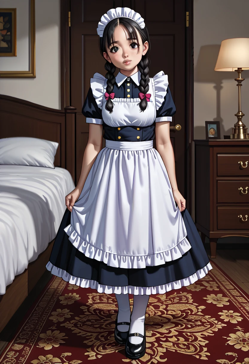 (1girl:1.3), Masterpiece, Best quality, amazing beauty, 4K, absurdres, finely detail, super detailed eye, perfect anatomy, official art, cinematic lighting, BREAK, ((((Bright bedroom)))), Twin braids (shorter), (black hair:1.5), ((super shiny detailed black eye)), cute eyes, facing this way, full lips, Plump face, (((round face))), (((young face:1.5))), BREAK , A-cup breasts, short stature, (((primary school student:1.5))), ((Young body)), Are standing, (((full body))), BREAK , (Maid outfit costume:1.2), BREAK,()