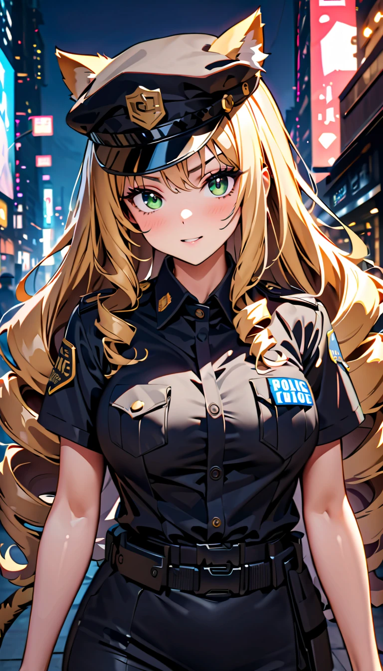 high quality, 8k, 4k, high contrast, masterpiece:1.2, best quality, best aesthetics), Sexy female police officer, Detailed face and body, (green eyes, animal ears, tiger tail), Beautiful breasts, confident look, (blonde hair, long hair, drill hair), Shiny black uniform, Black headwear, Black tight skirt, Tactical belt with equipment, Glossy Badges and Name Tags, Standing, Flashing police car lights against cityscape background, Lights of the night city