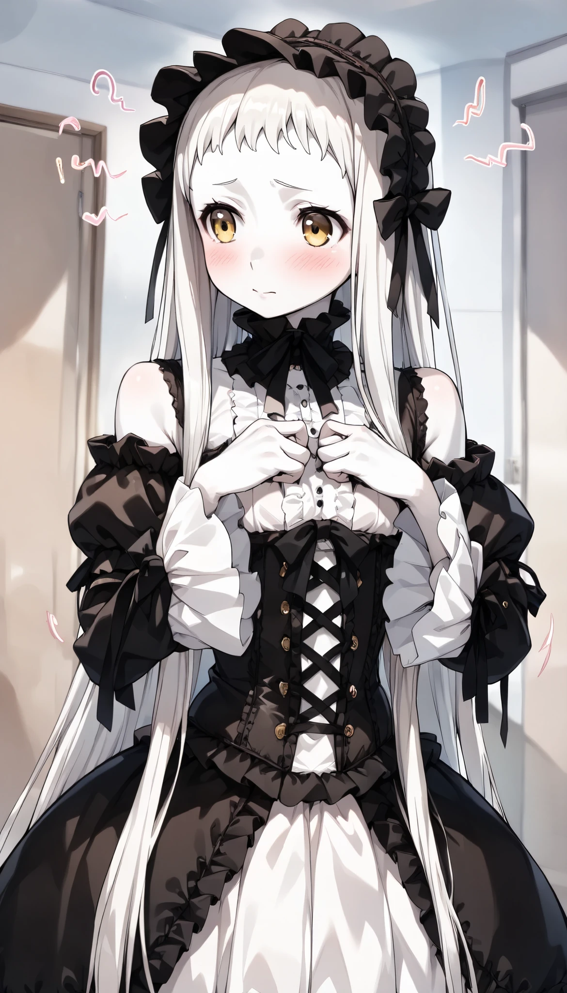 gothic lolita cosplay, cute girl,masterpiece, ((  long hair )),  cute２０ --old l、  long white hair  ,  Very Long Straight Hair ,  yellow eyes、Short bangs,  white skin, Light-pigmented brown eyes, Narrow shoulders, Moderate bust ,  white skin,  is shy、 ashamed