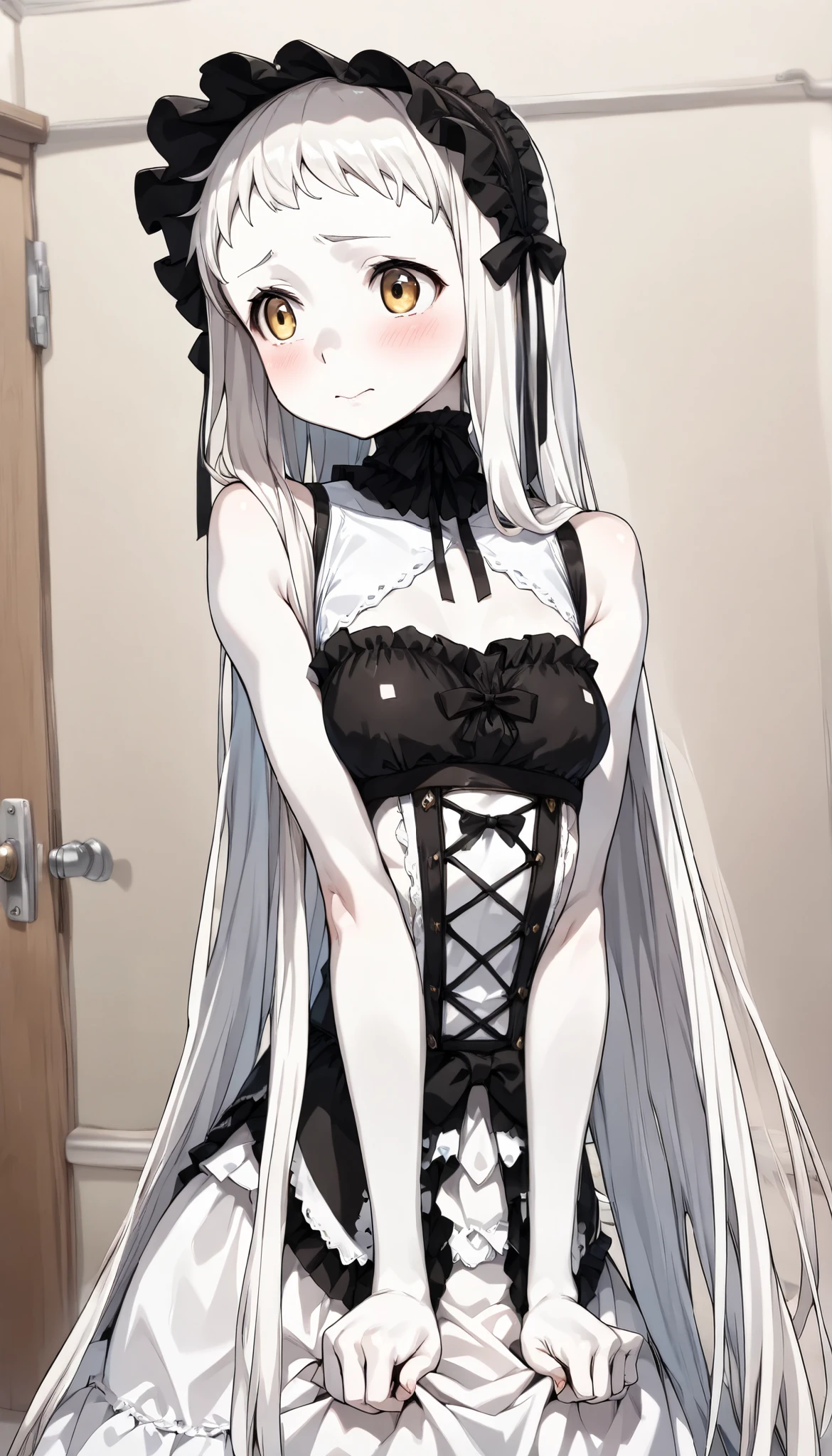 gothic lolita cosplay, cute girl,masterpiece, ((  long hair )),  cute２０ --old l、  long white hair  ,  Very Long Straight Hair ,  yellow eyes、Short bangs,  white skin, Light-pigmented brown eyes, Narrow shoulders, Moderate bust ,  white skin,  is shy、 ashamed