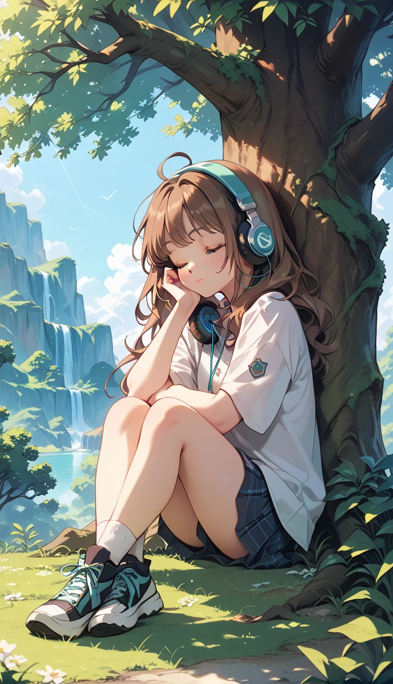 She has wavy brown hair and closed eyes, is between 18 and 20 years old,  she is sitting under a tree, with a calm look, she wears headphones 