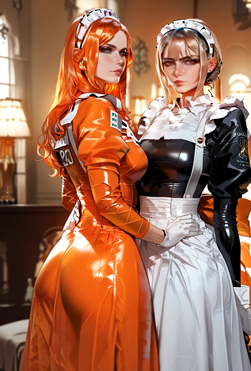 (masterpiece,Highest quality,Ultra-high resolution),Japanese women, Maid Headband、(((A very beautiful 25 year old)))、(She is wearing a shiny light orange latex long sleeve maid outfit..)、The dress has a simple design with a closed neckline.、(((A long skirt made of pale orange latex.)))、Pale orange latex gloves、((Pale orange latex bodysuit))、Sitting on a bed in a dark room