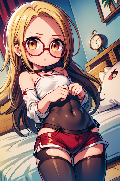 Sentada en la cama,  room,  very short red shorts , eye glasses  