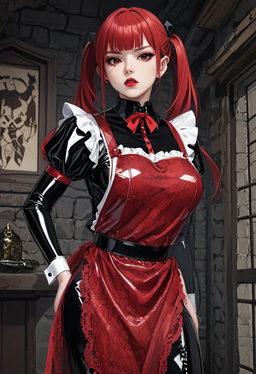  highest image quality, masterpiece fails,  Portrait painting , Japanese,25+,Model, girl of incredible beauty,evil,(( full height)), (( hairstyle two ponytails ,  red hair)), straight brow bangs ,((( red lace latex Apron))) ,(latex maid outfit ),covers the whole body,fits snugly , long-sleeved latex shirt , latex long skirt ,latex garter socks , long high-heeled boots fit my legs tightly,(Gothic makeup ),dungeon,((in hand, knutt ))