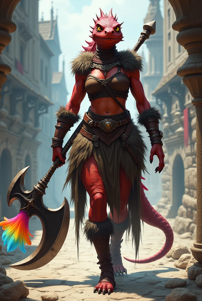 photo, nude ,Karlach , ifbb,  modeling, standing, hold spear, giant red skin , muscular sexy red Tiefling, huge tits, smiling, fiery eyes, white teeth, detailed skin, black hair,  , (Devil_Girl_XL ), huge boobs,   giant, (( red skin )), Red hair highlights, Huge breasts, <lora:Devil_Girl_XL-000004:0.6> red tail.
