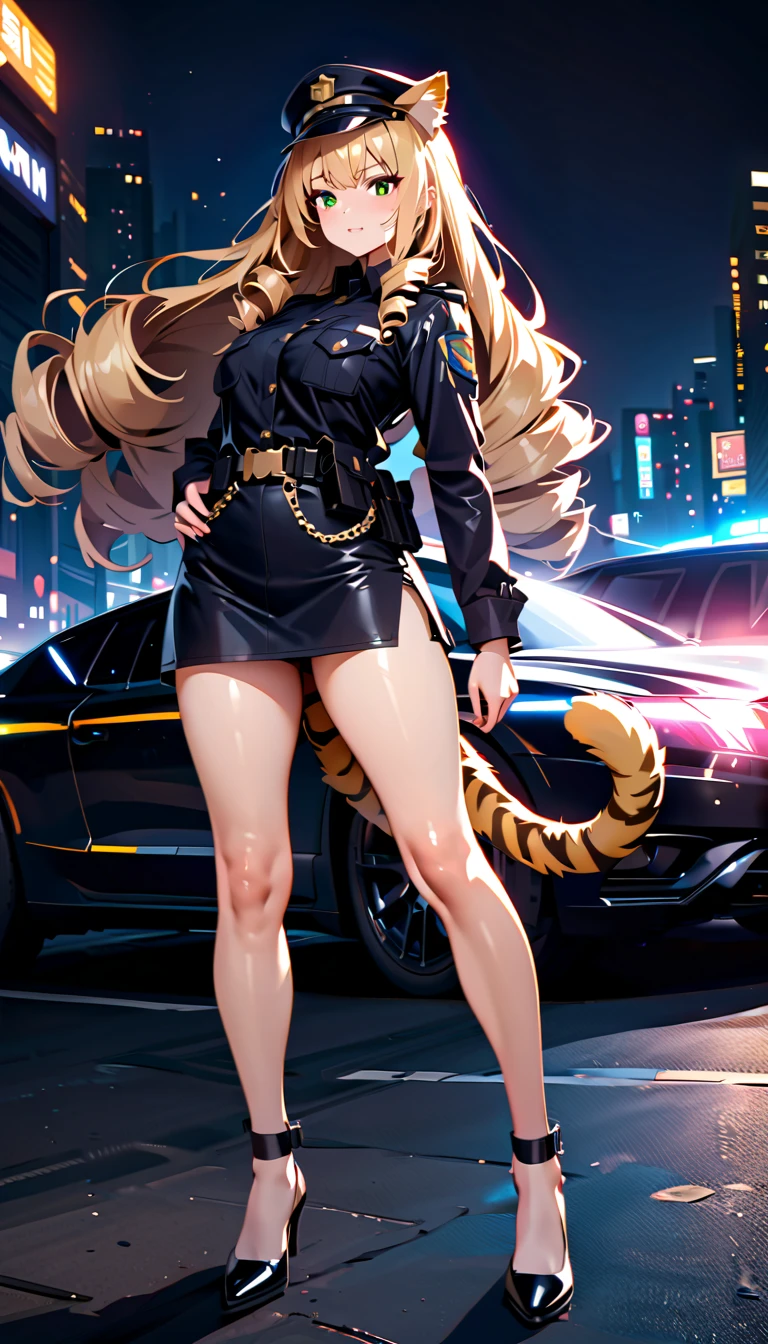 high quality, 8k, 4k, high contrast, masterpiece:1.2, best quality, best aesthetics), Sexy female police officer, Detailed face and body, (green eyes, animal ears, tiger tail), Beautiful breasts, confident look, (blonde hair, long hair, drill hair), Shiny black uniform, Black headwear, Black tight skirt, Tactical belt with equipment, Glossy Badges and Name Tags, Standing, Flashing police car lights against cityscape background, Lights of the night city, Full body view