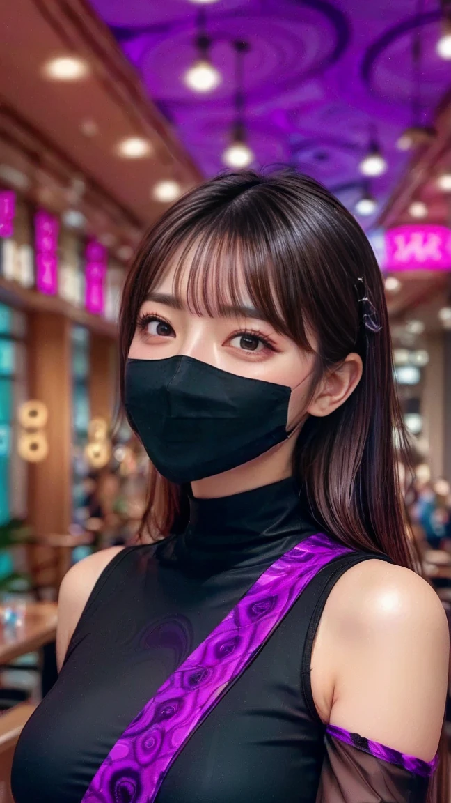 Close up shot of a face 、((( Three Women )))、( 爪を見せびらかす、Show off your nails : 1.3 )、 big eyes、Big eyes、 big tear bag 、 eyes staring at viewers、((( Wear a black costume mask、black medical cloth mask 、black medical cloth mask  )))、Purple Nails、(( hypnotic background 、 hypnotic twirl background 、 purple pink and black swirl background 、 hypnotic and surreal psychedelic swirl background to show off your nails、 purple and black swirl background  ))
