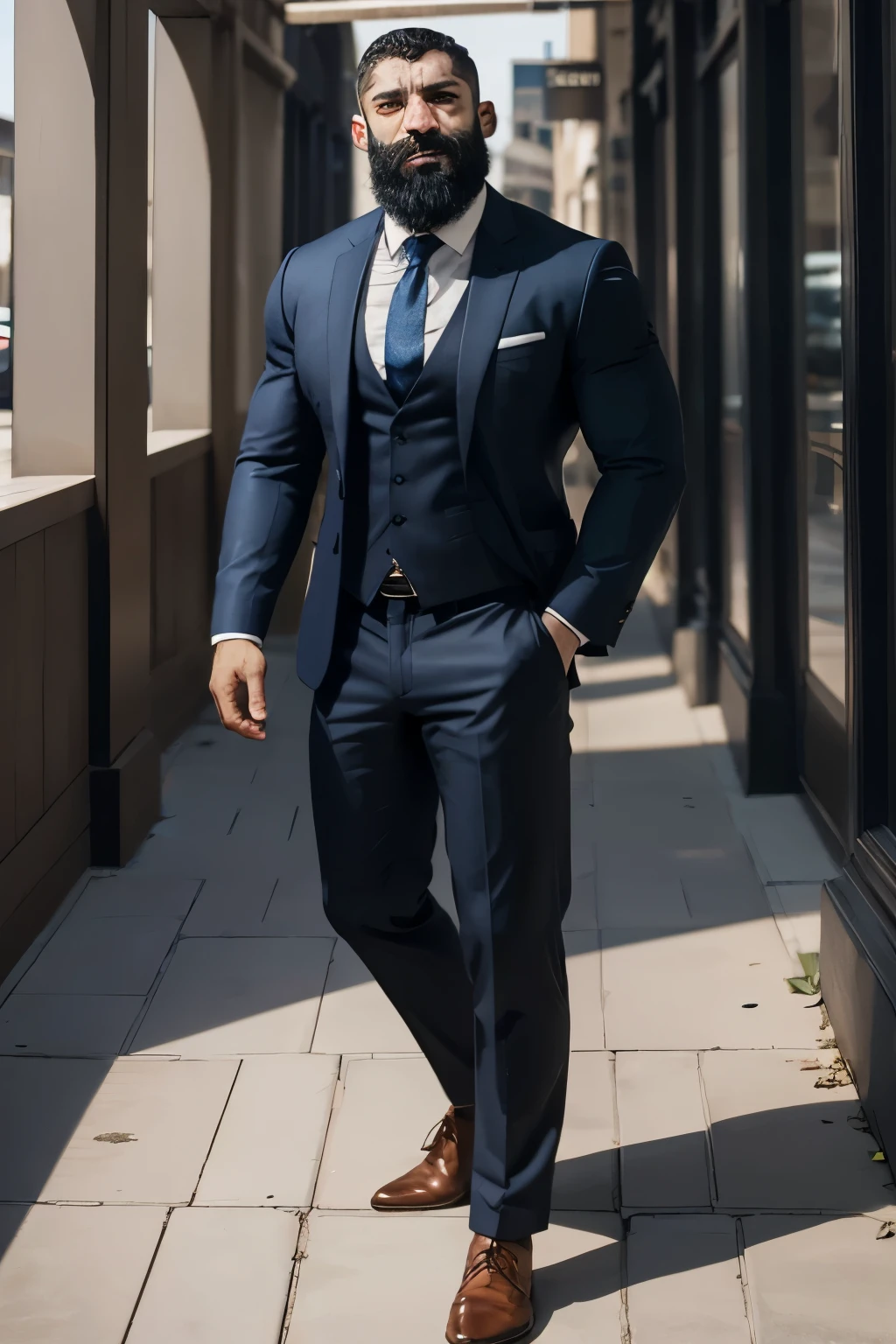 doumit ghanem,  solo,  looking at viewer,  short hair,  muscular frame,  beard,  arrogant,  elegant clothes, suit, tie, daylight,  best quality, full body, photorealistic, dominant