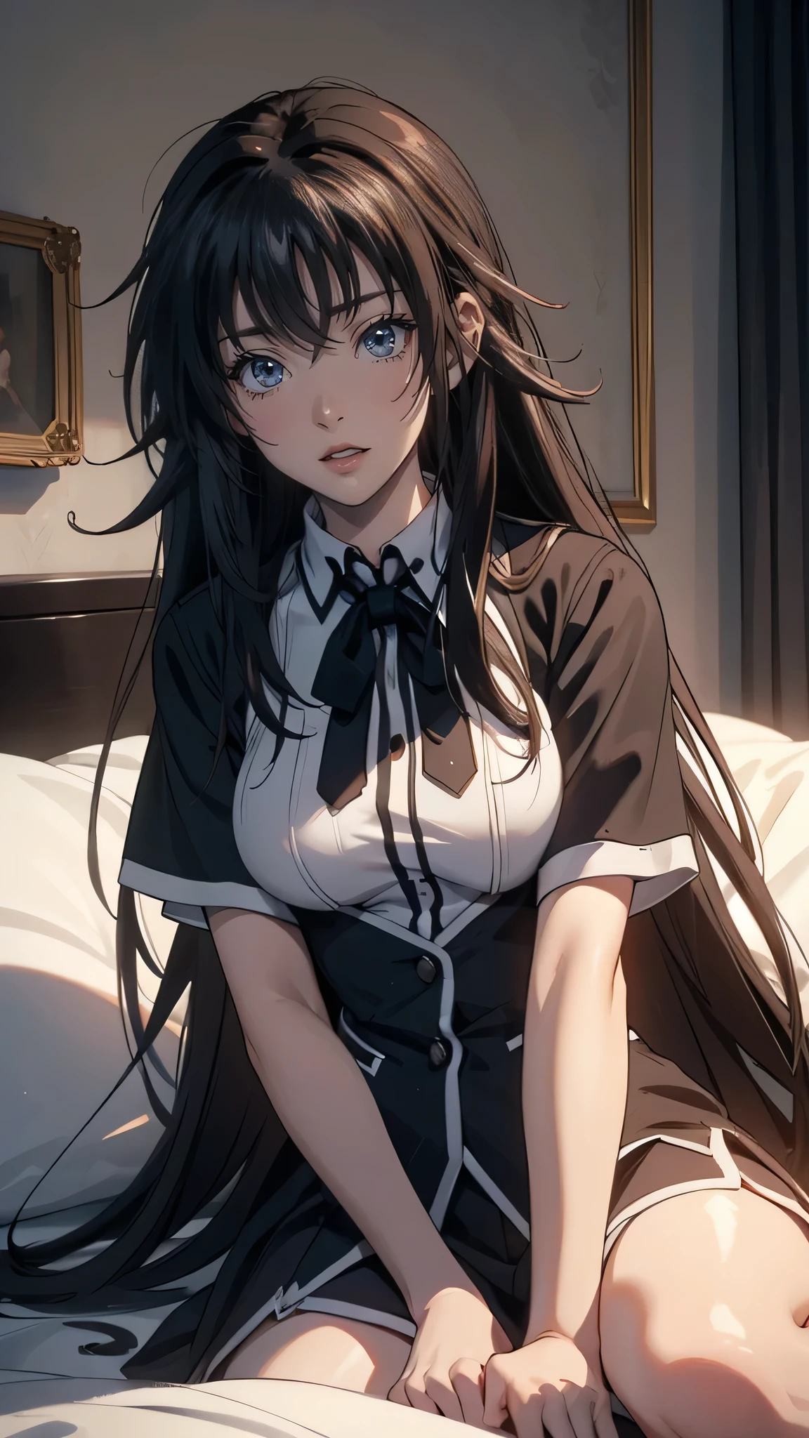 embarrassing, (random porn pose),(Highest image quality,(8k),ultra-realistic,best quality, high quality, black hair, long hair, high definition, Small breast, Embarassed Face, high quality texture,high detail,beautiful detailed,fine detailed,extremely detailed cg,detailed texture,(((Wearing Highscool DXD school uniform))), Looking at Viewers, Lay down and sleep on bed