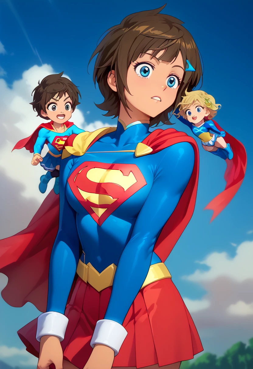 Ren Kazamatsuri, known for his quiet intensity and determination, takes on a bold new look in the classic Supergirl costume. The vibrant blue top, emblazoned with the iconic red and yellow 'S' emblem, contrasts sharply with his composed and reserved demeanor. A flowing red cape billows behind him, adding a sense of movement and heroism to his usually calm presence. The red skirt is replaced with sleek red pants to suit his style, and matching knee-high boots complete the look, enhancing his tall and athletic figure. Ren’s expression, usually one of focus and quiet strength, now carries the weight of responsibility that comes with the Supergirl persona. His transformation highlights his inner courage and readiness to protect others, blending his strategic mind with the empowering qualities of a superhero. In this new role, Ren becomes a symbol of quiet resilience, balancing his intellect and strength as he embraces the heroic mantle of Supergirl. short hair, blue eyes, brown hair, hair ornament, dark skinned, hairclip,