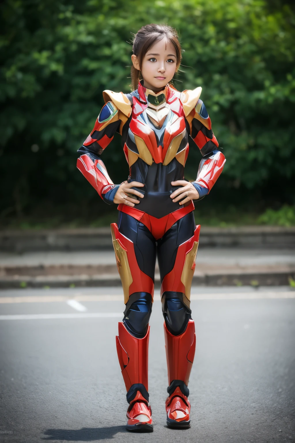 javanese girl , modern brown hair, shy, medium portrait shot , watery eyes , glowing particles, wear Red Kamen Rider Valkry Flexible Suit, toll road full body bokeh background, proportional body