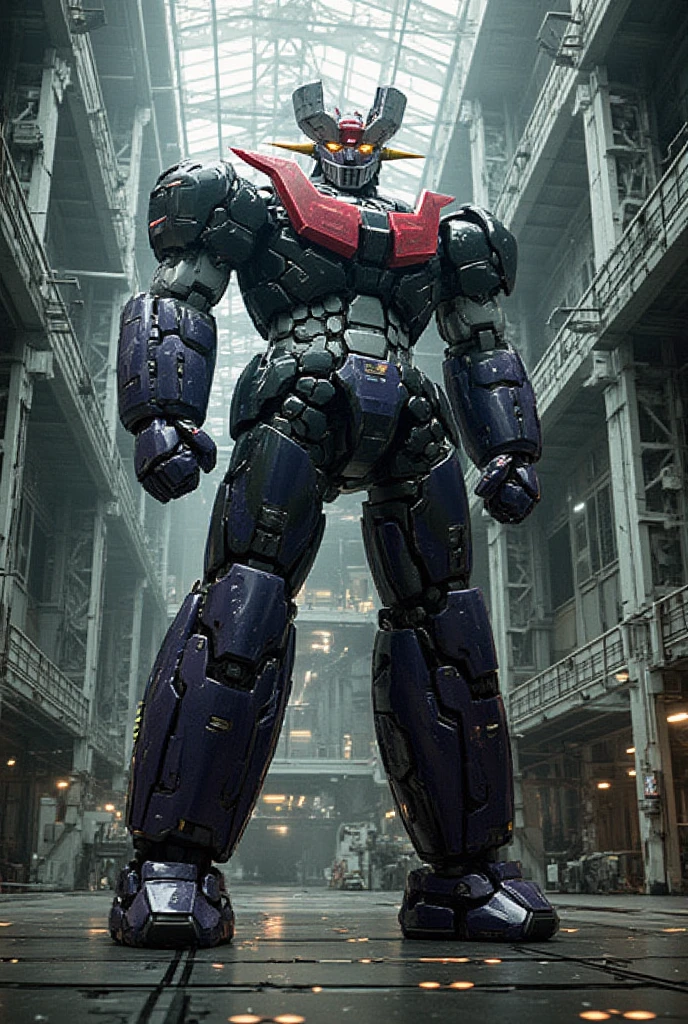   A very realistic smart version of Mazinger Z with the latest design and full body refinement, It stands at a massive height of 98 meters .  constructed with modern materials such as steel ,  Carbon Fiber ,  other industrial elements are also visible ,  just like the real thing , Rugged exterior .  and is set in a large indoor plant facility maintenance shop ,  the appearance of Mazinger Z standing around ,  illuminated by natural light 、Realistic shadows and accentuated massive structures using Gundam technology . The floor emits fine LED light 